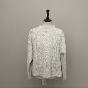 Vintage Cable Knit Sweater Jumper Pullover 3D Baubles Mock Neck Ivory Cream